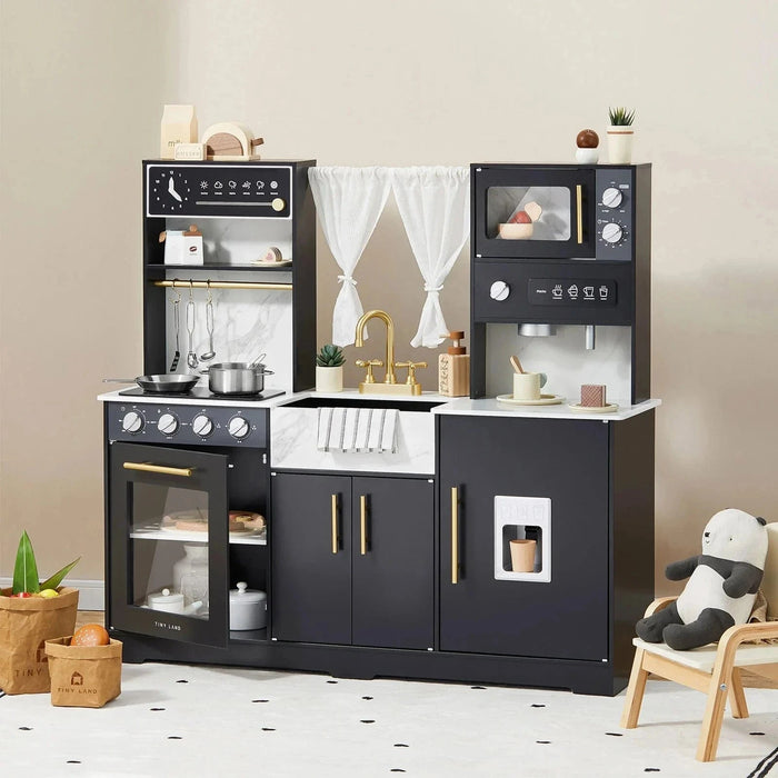 Tiny Land® Iconic Wooden Play Kitchen – Black Pretend Cooking Set for Kids