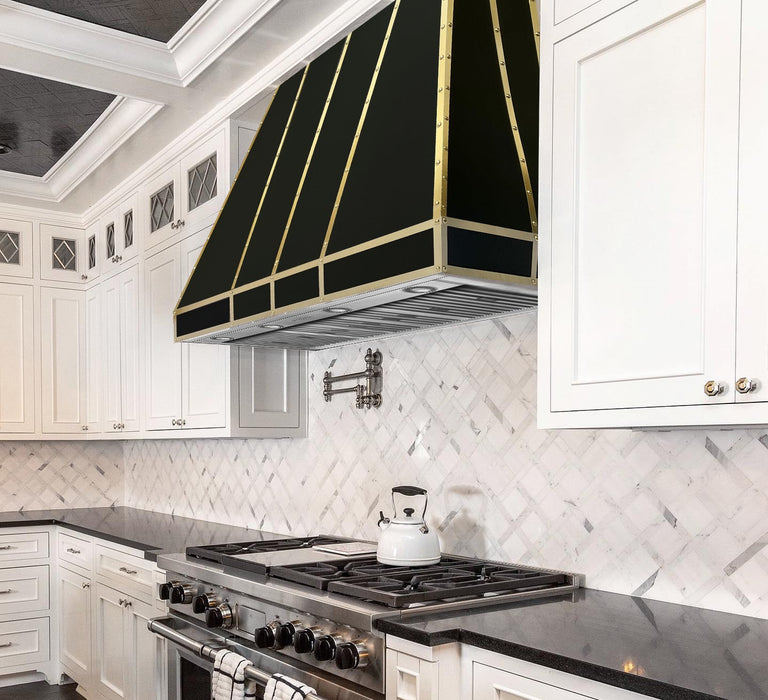 Black Taper Stainless Steel Custom Kitchen Hoods with Brushed Brass Straps