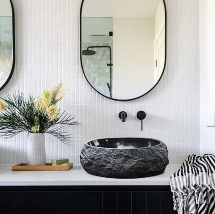 Black Rustic Marble Handcrafted Vessel Sink Turkish Bathroom Above Vanity 14x17 Inches