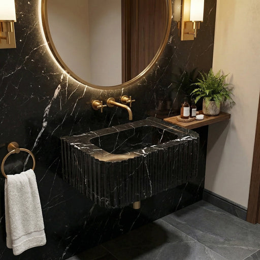 Modern bathroom with black marble sink and gold fixtures Toros Black Marble Rectangular Wall-mount Polished Sink (W)12" (L)19" (H)7"