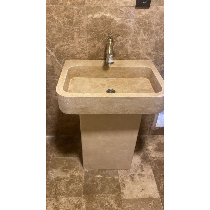 Troia Light Travertine Pedestal Stand-alone Sink Honed and Filled YDPTS01