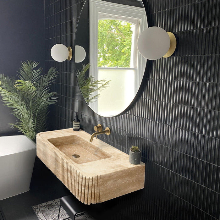 Tuscany Walnut Travertine Wall-mount Vanity Sink Ribbed Textured