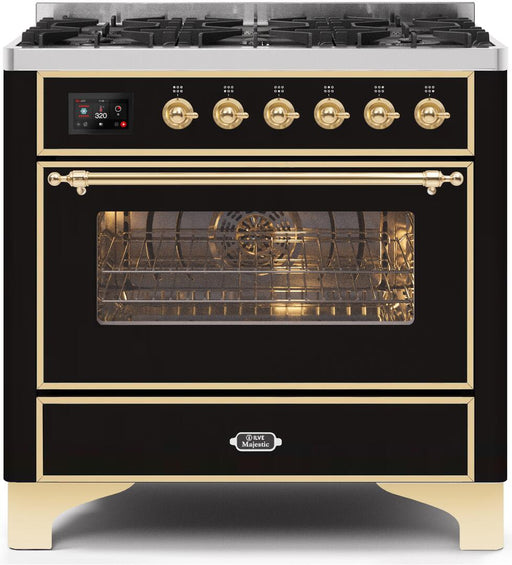 ILVE Majestic II 36 Inch Dual Fuel Natural Gas Freestanding Range in Glossy Black with Brass Trim UM096DNS3BKGNG - Farmhouse Kitchen and Bath
