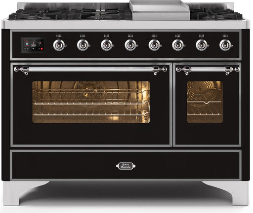 Ilve Majestic II 48 Inch Dual Fuel Liquid Propane Freestanding Range in Glossy Black with Chrome Trim, UM12FDNS3BKCLP ILVE