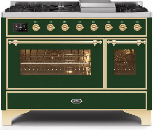 ILVE Majestic II 48 Inch Dual Fuel Natural Gas Freestanding Range in Emerald Green with Brass Trim ‎UM12FDNS3EGGNG - Farmhouse Kitchen and Bath