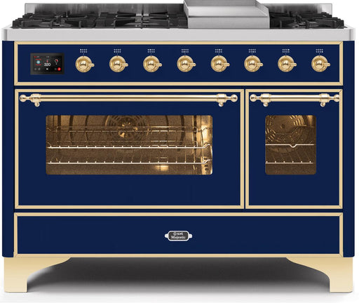 ILVE Majestic II 48 Inch Dual Fuel Natural Gas Freestanding Range in Blue with Brass Trim UM12FDNS3MBGNG - Farmhouse Kitchen and Bath