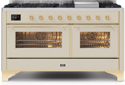 ILVE Majestic II 60 Inch Dual Fuel Natural Gas Freestanding Range in Antique White with Brass Trim UM15FDNS3AWGNG - Farmhouse Kitchen and Bath