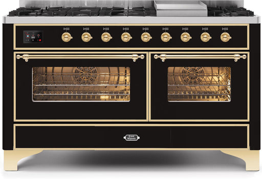 Ilve Majestic II 60 Inch Dual Fuel Natural Gas Freestanding Range in Glossy Black with Brass Trim UM15FDNS3BKG - Farmhouse Kitchen and Bath