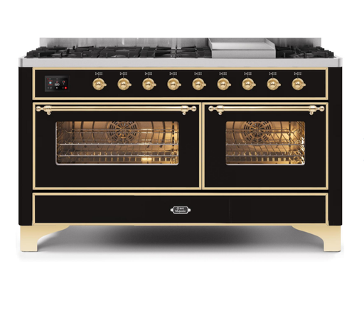 Ilve Majestic II 60 Inch Dual Fuel Natural Gas Freestanding Range in Glossy Black with Brass Trim UM15FDNS3BKG - Farmhouse Kitchen and Bath