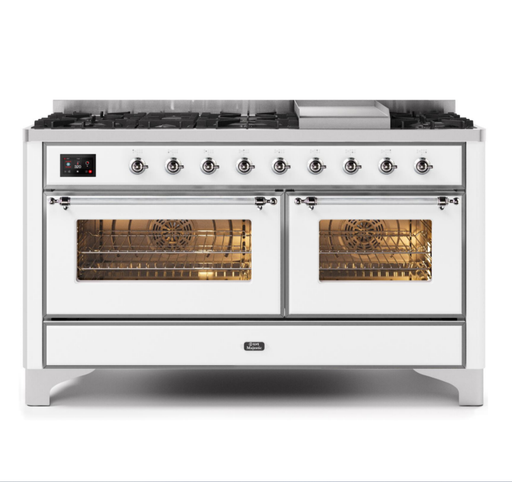 ILVE Majestic II 60" Dual Fuel Range White Chrome Trim UM15FDNS3WHC ILVE