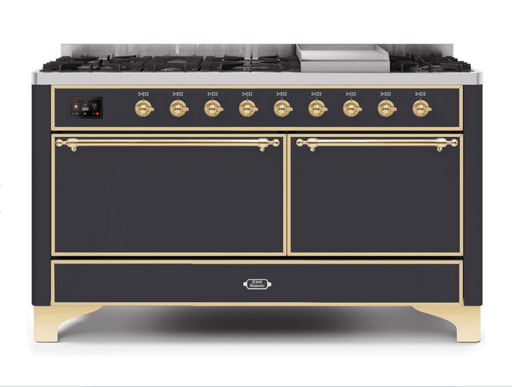 ILVE Majestic II 60 Inch Dual Fuel Natural Gas Freestanding Range in Matte Graphite with Brass Trim UM15FDQNS3MGG ILVE