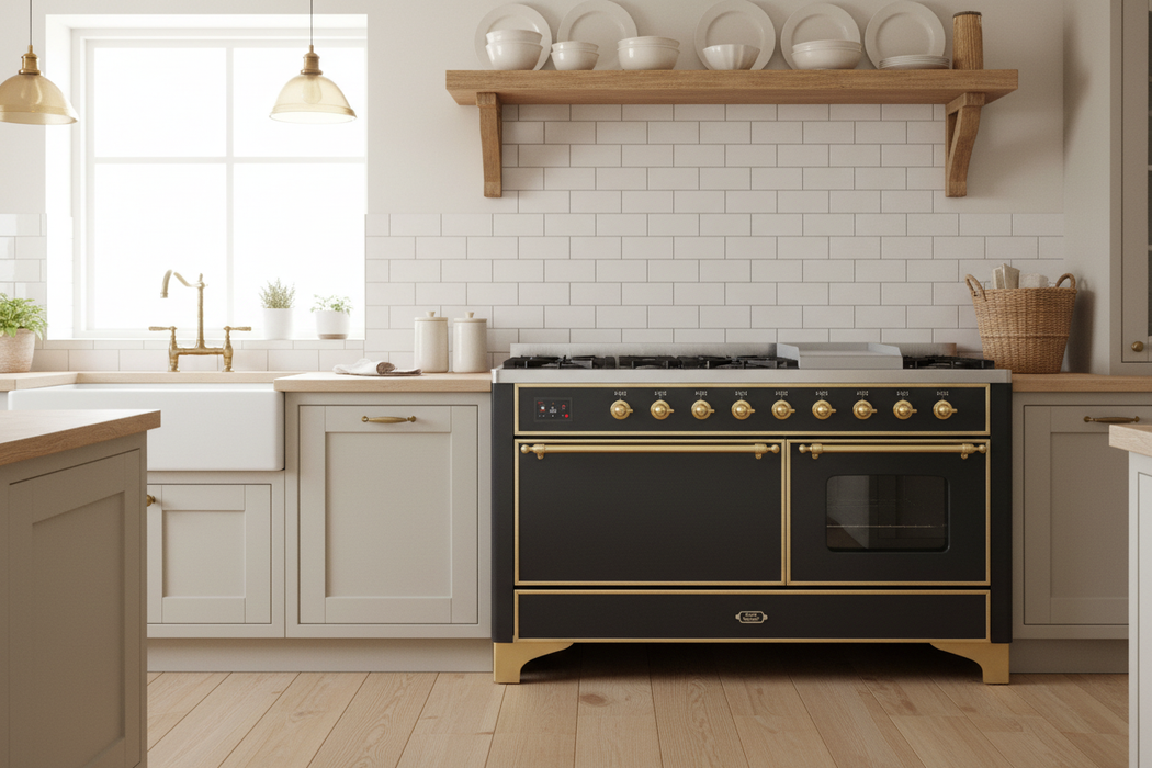 ILVE Majestic II 60 Inch Dual Fuel Natural Gas Freestanding Range in Matte Graphite with Brass Trim UM15FDQNS3MGG