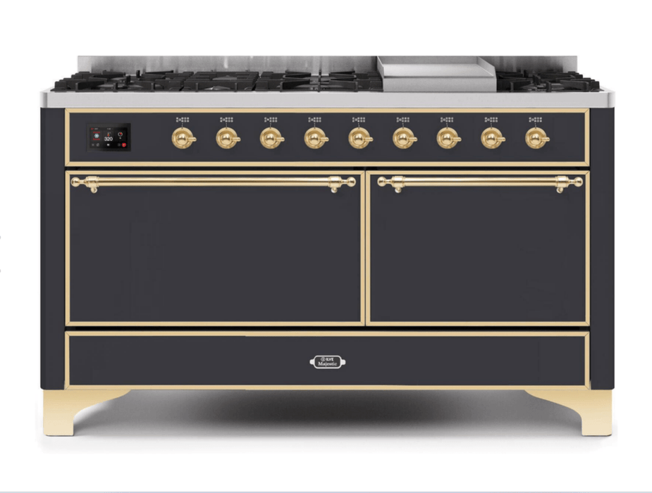 ILVE Majestic II 60 Inch Dual Fuel Natural Gas Freestanding Range in Matte Graphite with Brass Trim UM15FDQNS3MGG ILVE
