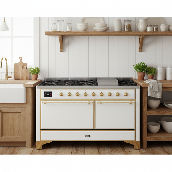 ILVE Majestic II 60" Dual Fuel Natural Gas Freestanding Range, White, Brass Trim UM15FDQNS3WHG