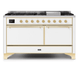 ILVE Majestic II 60" Dual Fuel Natural Gas Freestanding Range, White, Brass Trim UM15FDQNS3WHG