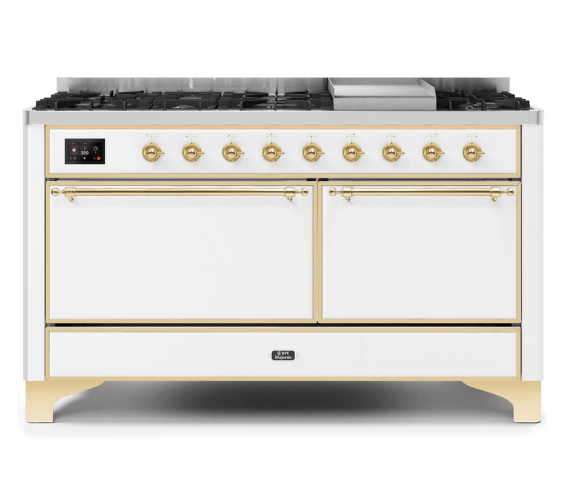ILVE Majestic II 60" Dual Fuel Natural Gas Freestanding Range, White, Brass Trim UM15FDQNS3WHG ILVE