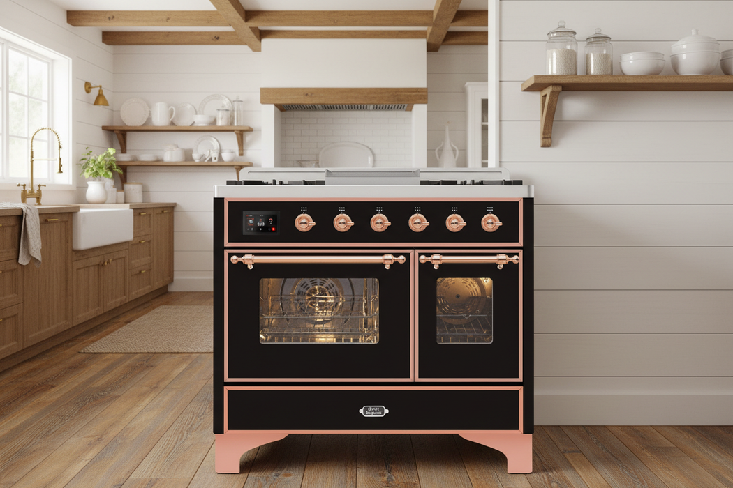 ILVE Majestic II 40" Liquid Propane Dual Fuel Range Glossy Black Copper Trim UMD10FDNS3BKPLP