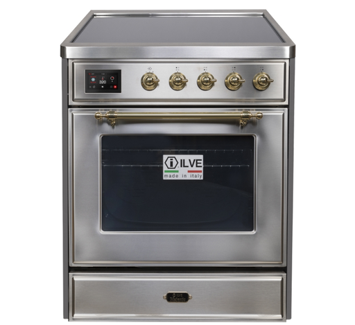 Ilve Majestic II 30 Inch Electric Freestanding Range in Stainless Steel with Brass Trim, UMI30NE3SSG - Farmhouse Kitchen and Bath