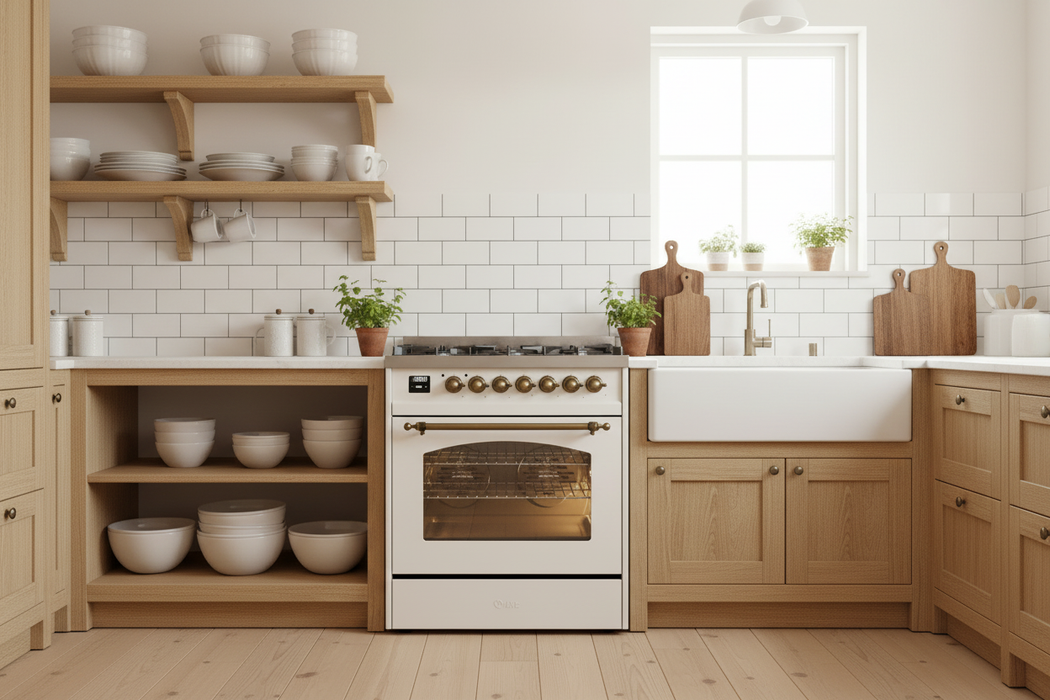 ILVE Nostalgie II 30" Dual Fuel Liquid Propane Range, Antique White, Bronze Trim UP30NMPAWBLP