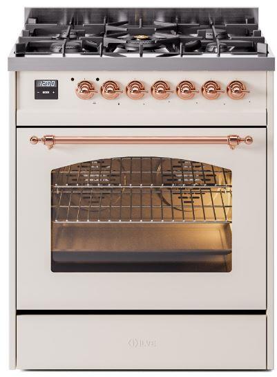 ILVE Nostalgie II 30" Dual Fuel Natural Gas Range, Antique White, Copper Trim UP30NMPAWP ILVE