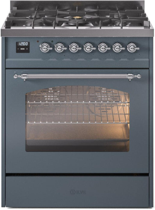 ILVE Nostalgie II 30 Inch Dual Fuel Natural Gas Freestanding Range in Blue Grey with Chrome Trim UP30NMPBGC