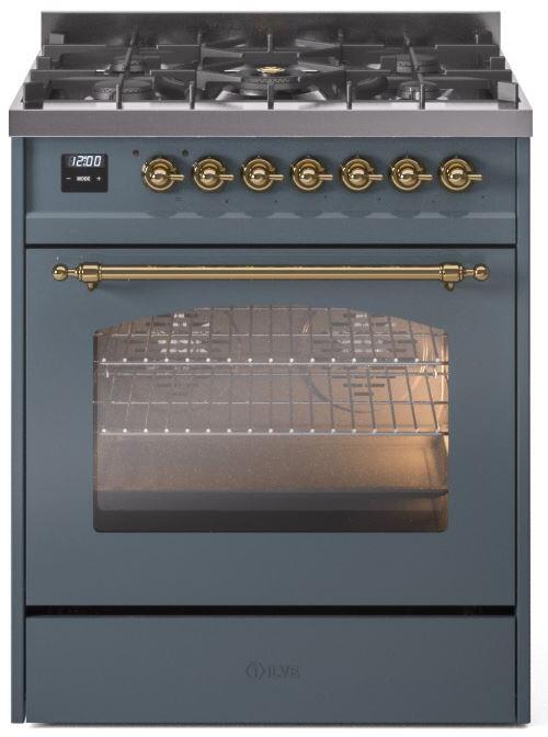 ILVE Nostalgie II 30 Inch Dual Fuel Natural Gas Freestanding Range in Blue Grey with Brass Trim UP30NMPBGG - Farmhouse Kitchen and Bath