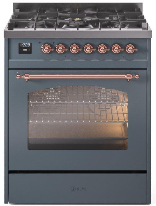 ILVE Nostalgie II 30 Inch Dual Fuel Natural Gas Freestanding Range in Blue Grey with Copper Trim UP30NMPBGP