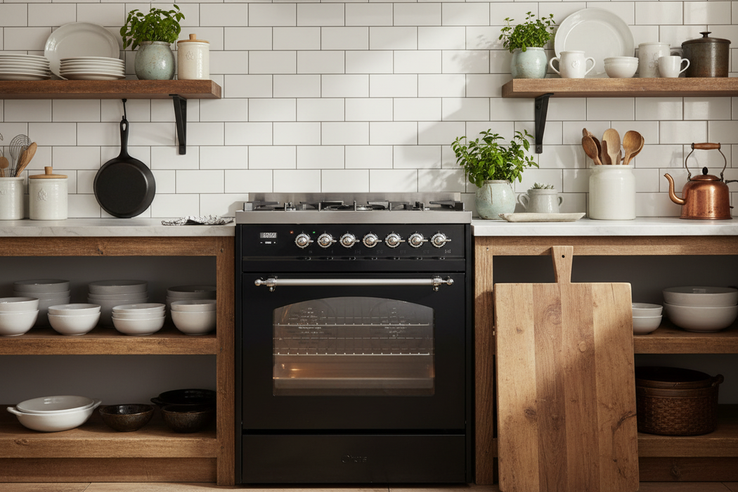 ILVE Nostalgie II 30" Dual Fuel Natural Gas Range, Glossy Black, Chrome Trim ILVE UP30NMPBKC