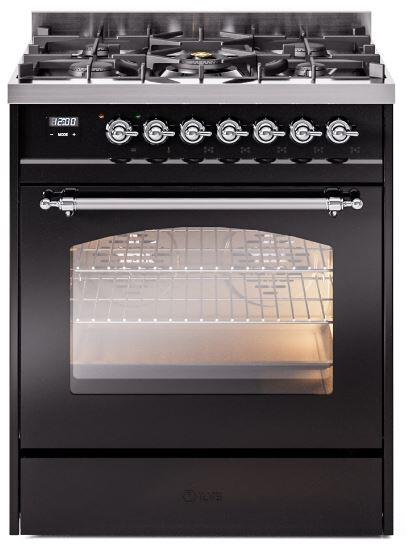 ILVE Nostalgie II 30" Dual Fuel Natural Gas Range, Glossy Black, Chrome Trim ILVE UP30NMPBKC ILVE