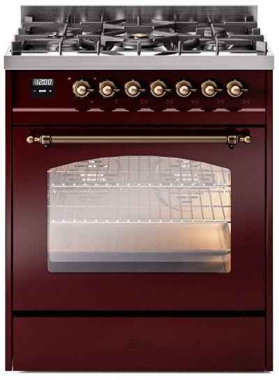 ILVE Nostalgie II 30" Dual Fuel Liquid Propane Range, Burgundy, Bronze Trim UP30NMPBUBLP ILVE