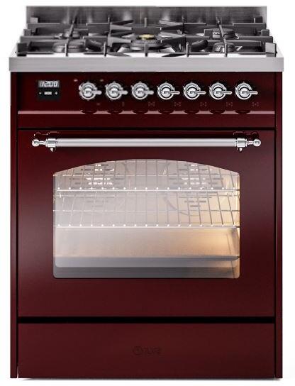 ILVE Nostalgie II 30" Dual Fuel Liquid Propane Range, Burgundy, Chrome Trim UP30NMPBUCLP ILVE