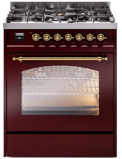 ILVE Nostalgie II 30" Dual Fuel Natural Gas Range, Burgundy, Brass Trim UP30NMPBUG ILVE