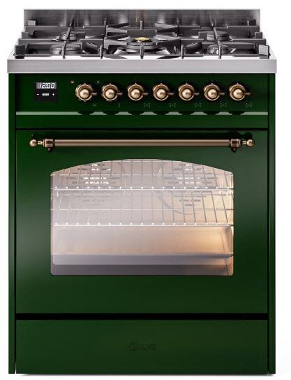 ILVE Nostalgie II 30" Dual Fuel Liquid Propane Range, Emerald Green, Bronze Trim UP30NMPEGBLP ILVE