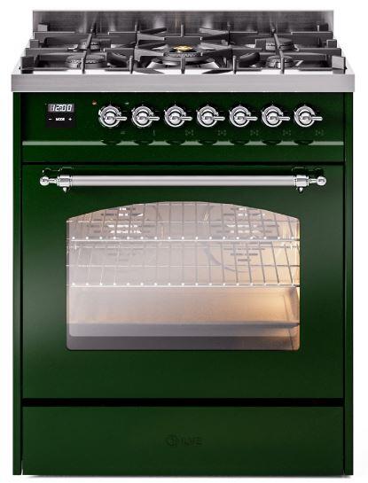 ILVE Nostalgie II 30" Dual Fuel Liquid Propane Range, Emerald Green, Chrome Trim UP30NMPEGCLP ILVE