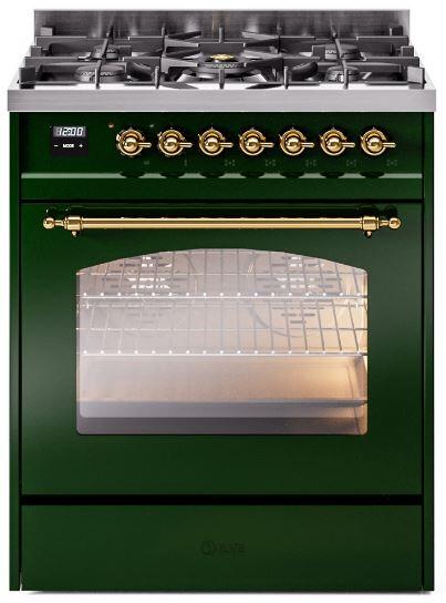 ILVE Nostalgie II 30" Dual Fuel Natural Gas Range, Emerald Green, Brass Trim UP30NMPEGG ILVE