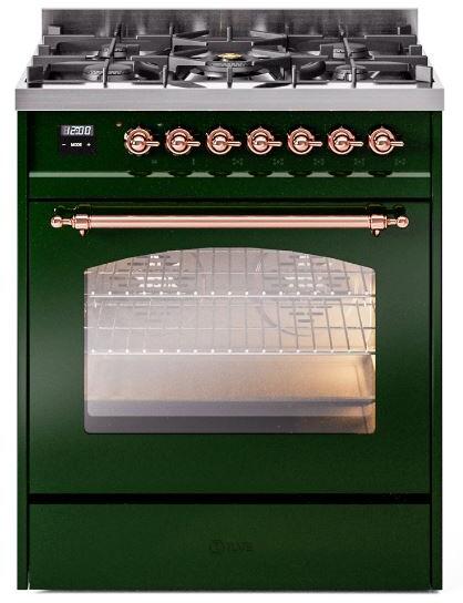 ILVE Nostalgie II 30" Dual Fuel Liquid Propane Range, Emerald Green, Copper Trim UP30NMPEGPLP ILVE