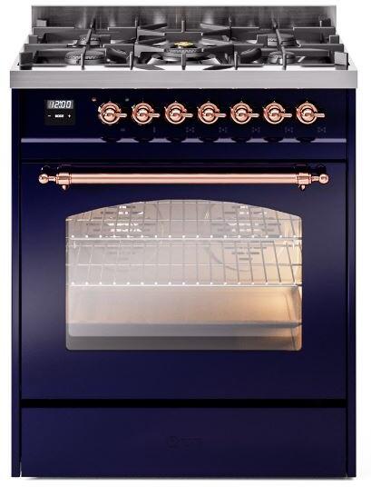 ILVE Nostalgie II 30" Dual Fuel Liquid Propane Range, Blue, Copper Trim UP30NMPMBPLP ILVE