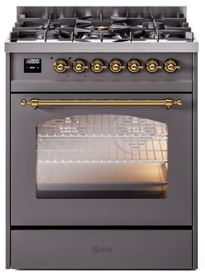 ILVE Nostalgie II 30" Dual Fuel Liquid Propane Range, Matte Graphite, Brass Trim UP30NMPMGBLP ILVE