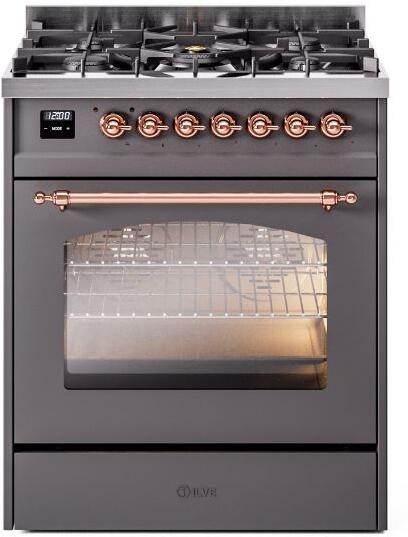 ILVE Nostalgie II 30" Dual Fuel Liquid Propane Range, Matte Graphite, Copper Trim UP30NMPMGPLP ILVE