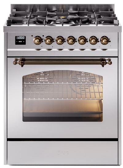 ILVE Nostalgie II 30" Dual Fuel Liquid Propane Range, Stainless Steel, Bronze Trim UP30NMPSSBLP ILVE