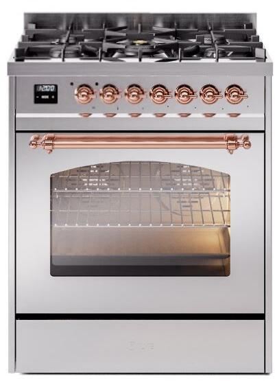 ILVE Nostalgie II 30" Dual Fuel Natural Gas Range, Stainless Steel, Copper Trim UP30NMPSSP ILVE