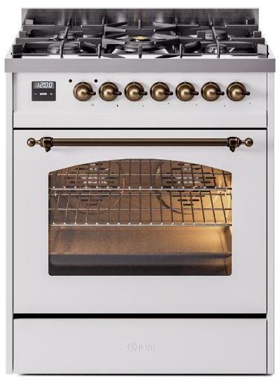 ILVE Nostalgie II 30" Dual Fuel Liquid Propane Range, White, Bronze Trim UP30NMPWHBLP ILVE