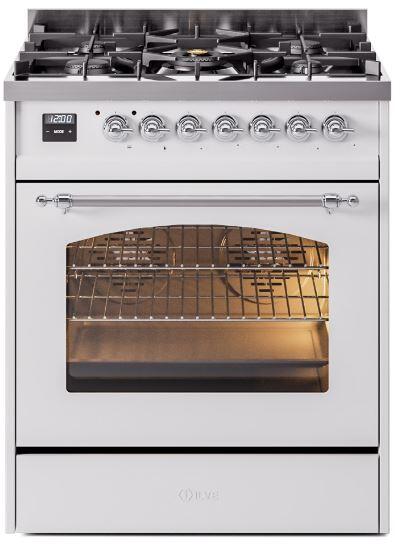 ILVE Nostalgie II 30" Dual Fuel Liquid Propane Range, White, Chrome Trim UP30NMPWHCLP ILVE