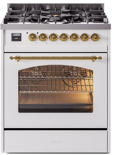 ILVE Nostalgie II 30" Dual Fuel Liquid Propane Range, White, Brass Trim UP30NMPWHGLP ILVE