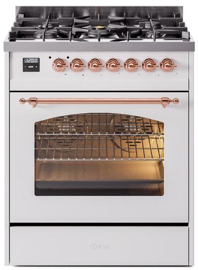 ILVE Nostalgie II 30" Dual Fuel Natural Gas Range, White, Copper Trim UP30NMPWHP ILVE