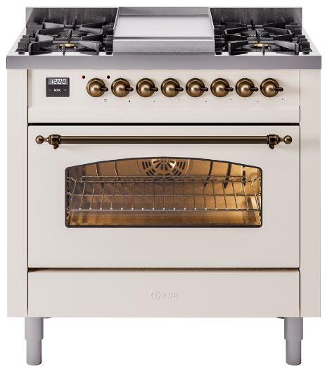 Ilve Nostalgie II 36 Inch Dual Fuel Natural Gas Freestanding Range in Antique White with Bronze Trim, UP36FNMPAWB - Farmhouse Kitchen and Bath