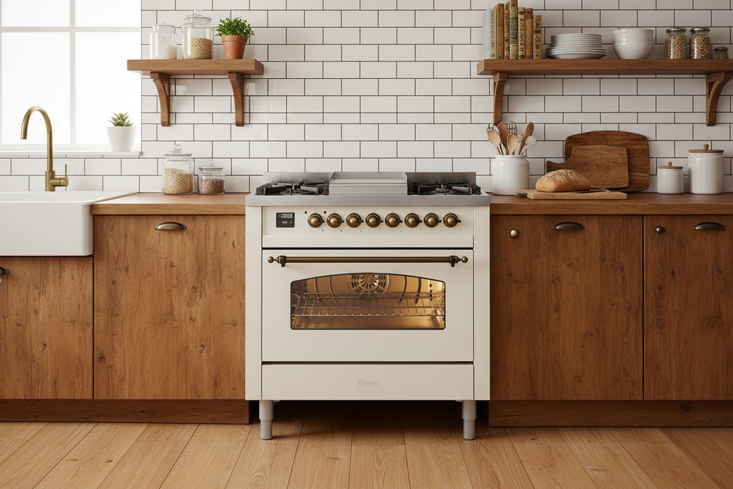 ILVE Nostalgie II 36" Dual Fuel Liquid Propane Range, Antique White,  Bronze Trim, UP36FNMPAWBLP