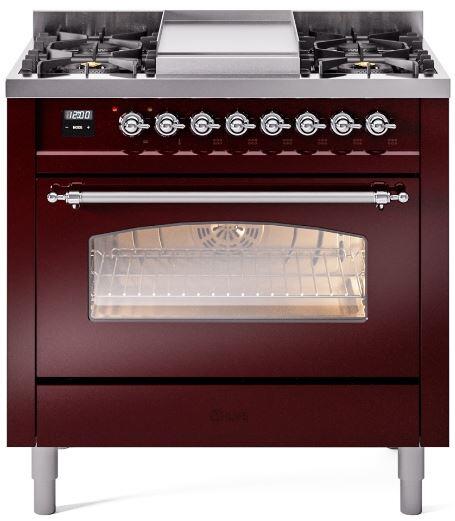 ILVE Nostalgie II 36" Dual Fuel Liquid Propane Range, Burgundy, Chrome Trim UP36FNMPBUCLP ILVE