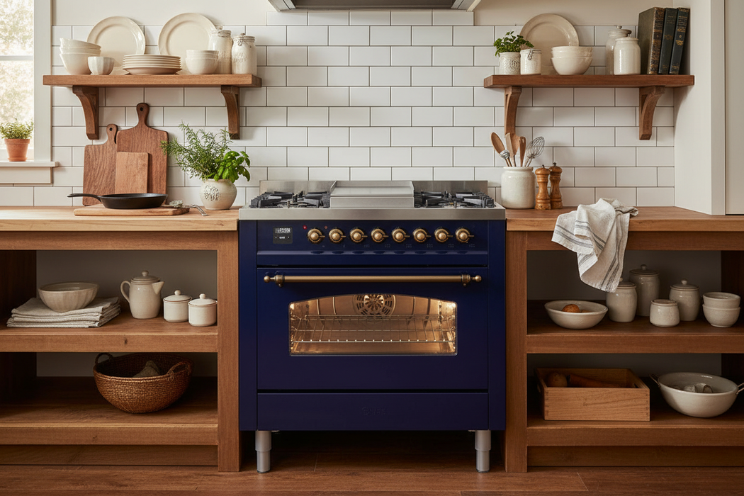 ILVE Nostalgie II 36" Dual Fuel Liquid Propane Range, Blue, Bronze Trim UP36FNMPMBBLP