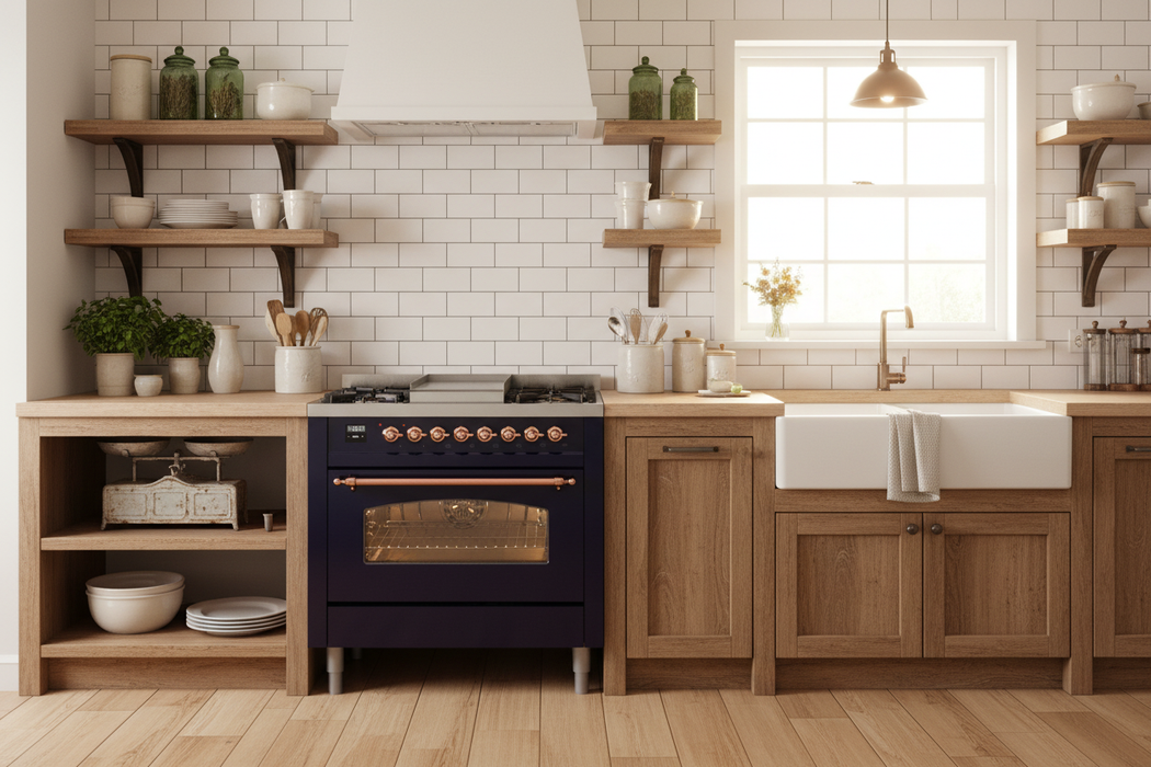 ILVE Nostalgie II 36" Dual Fuel Natural Gas Range, Blue, Copper Trim UP36FNMPMBP